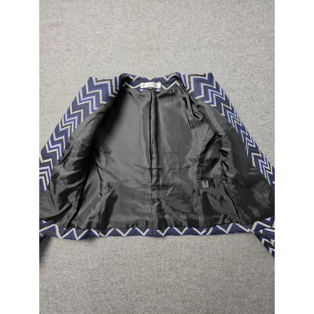 Tahari Arthur S. Levine Blazer Jacket Womens 2P Blue Black Chevron Open Front